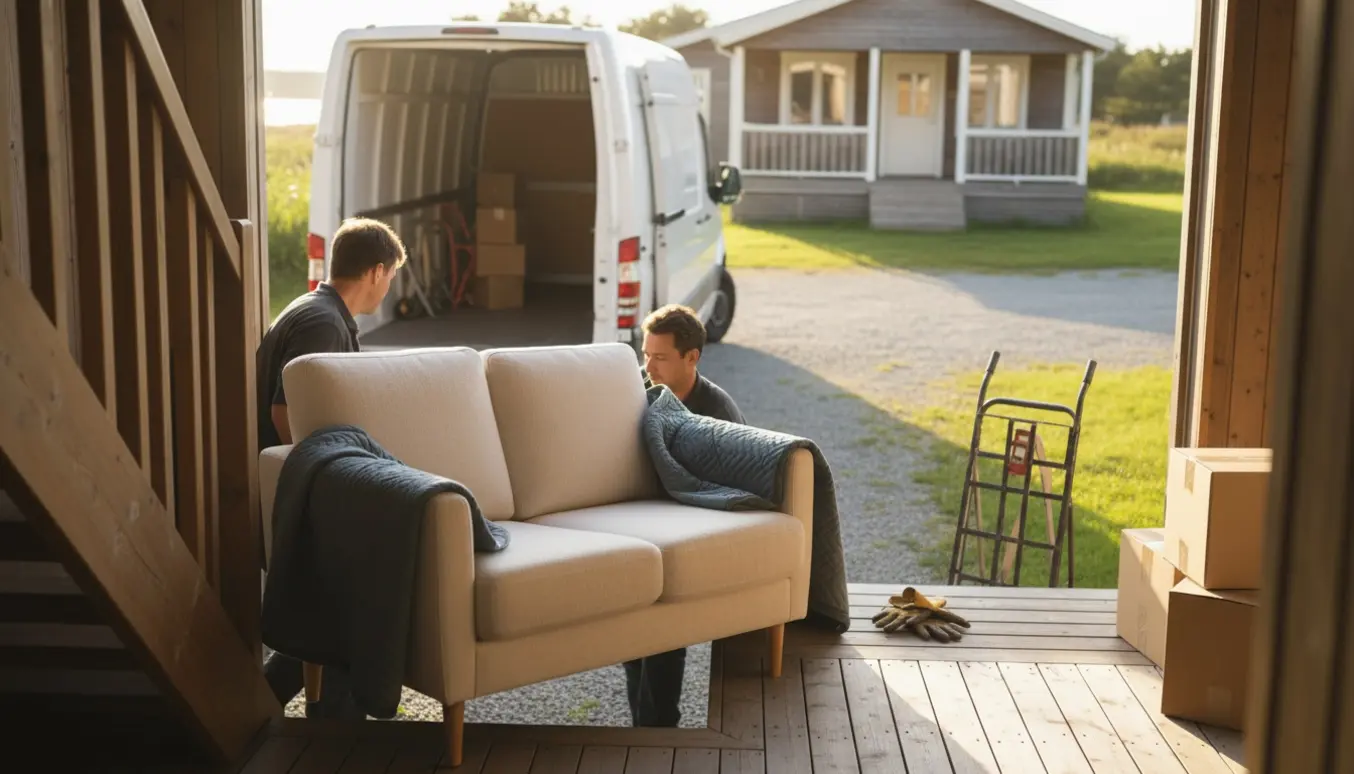 To personer bærer en lille cremefarvet to-personers sofa ned ad en trappe mod et en-etagers sommerhus med åben terrasse.