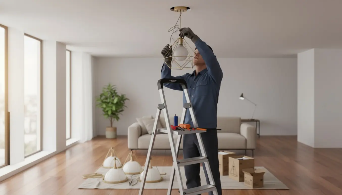 En elektriker monterer en ny loftlampe fra en stige, mens tre gamle lamper ligger fjernet på gulvet.