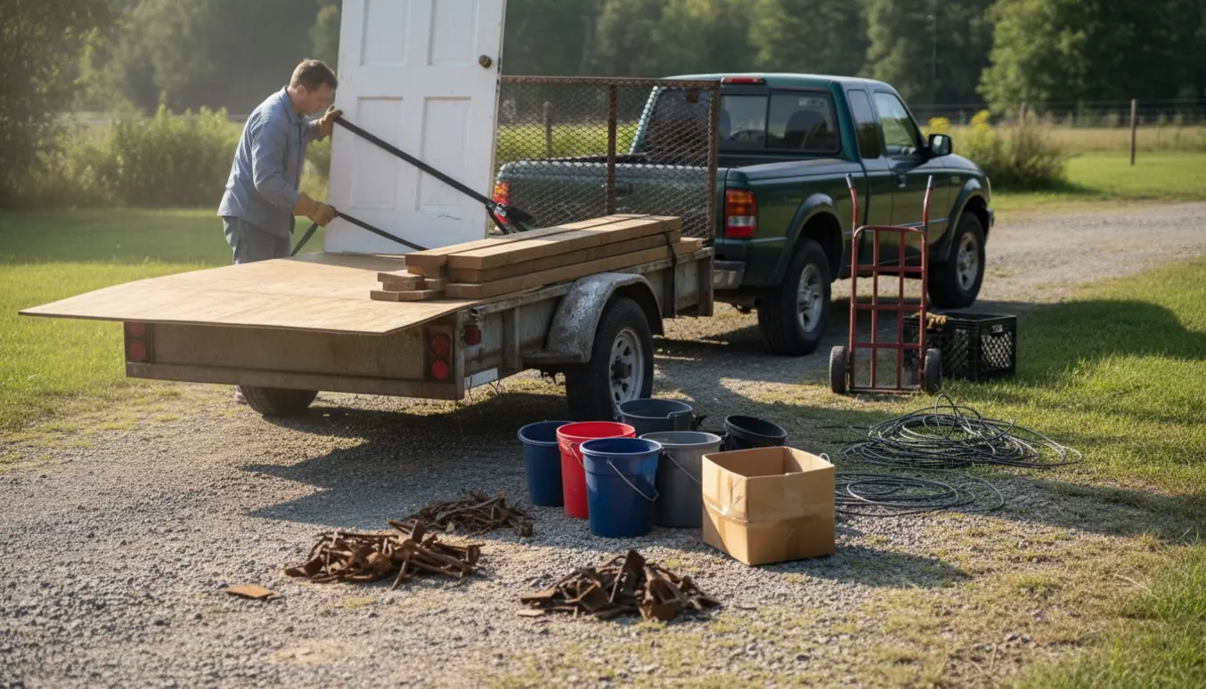 Trailer ved en gårdsplads med plade, dør, lange træstykker og en bulende papkasse klar til genbrug.
