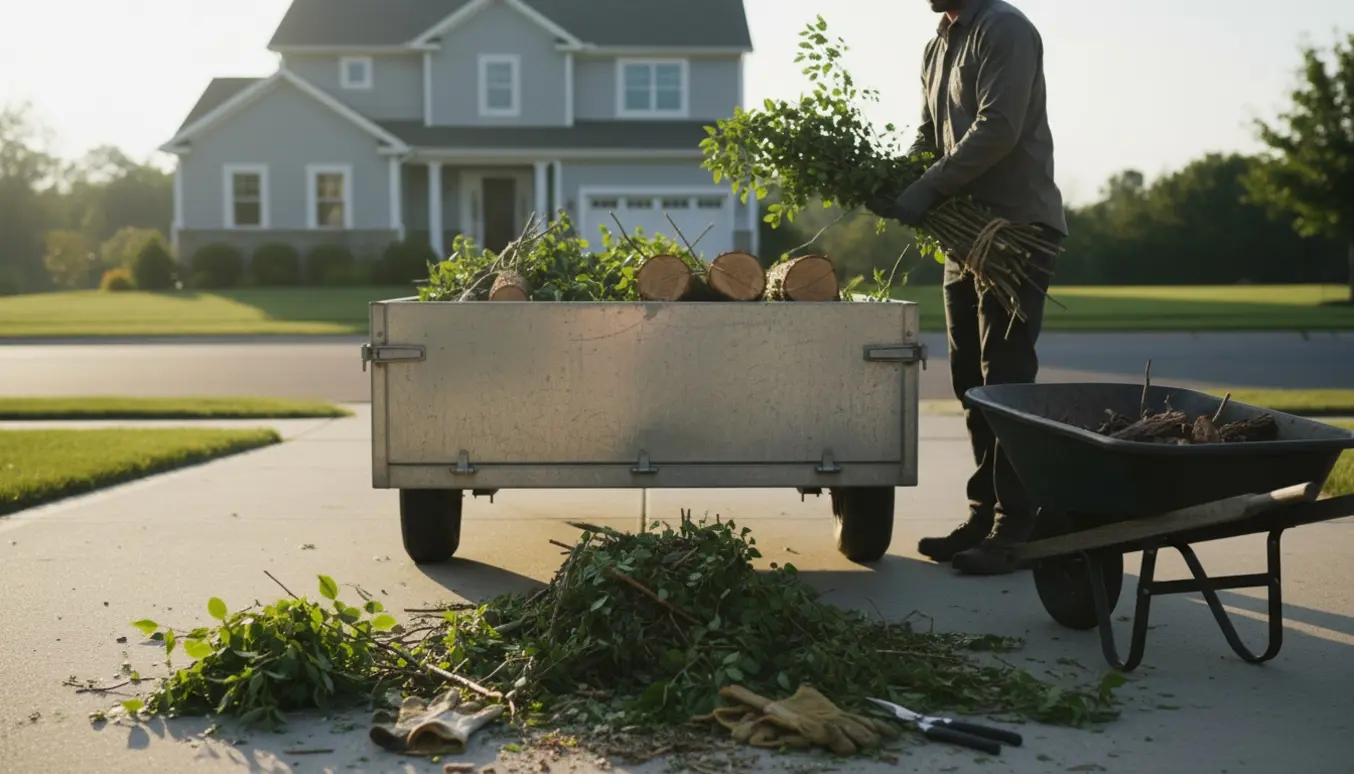 Trailer på indkørsel fyldt med nyskårne grene, handsker og haveredskaber i forgrunden.