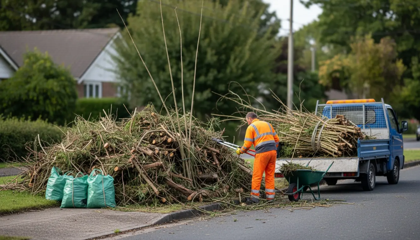 Stor bunke haveaffald med grene og poser med græs ved vejen klar til afhentning.