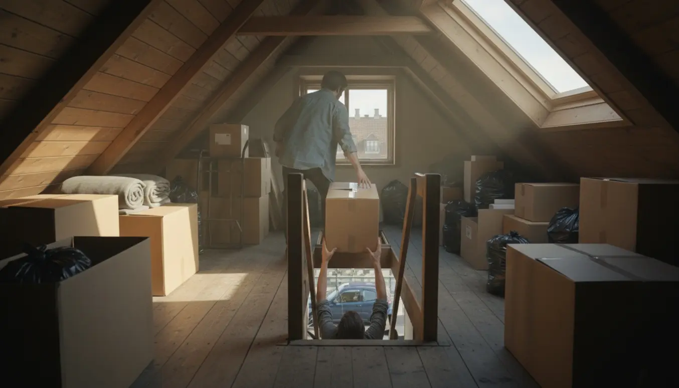 Loftrum på Frederiksberg hvor to personer bærer kasser ned mod en parkeret bil med åben bagagerum.