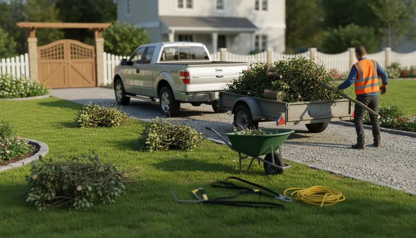 En trailer i en have fyldt med afskårne trægrene og flere spredte bunker, mens en arbejder læsser dem.