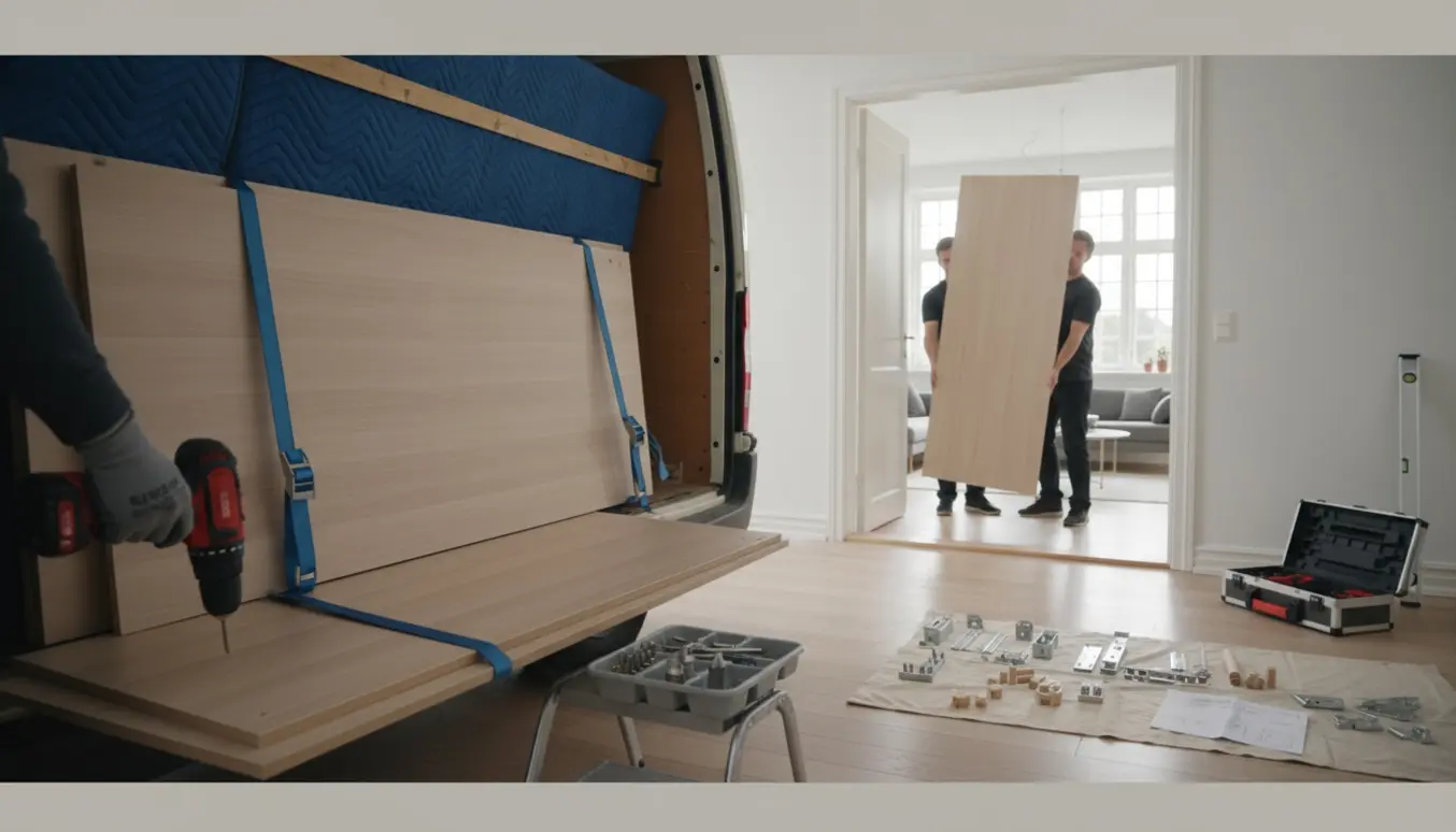 To personer læsser og samler et PAX-lignende skab med værktøj og flyttetæpper i dagslys.