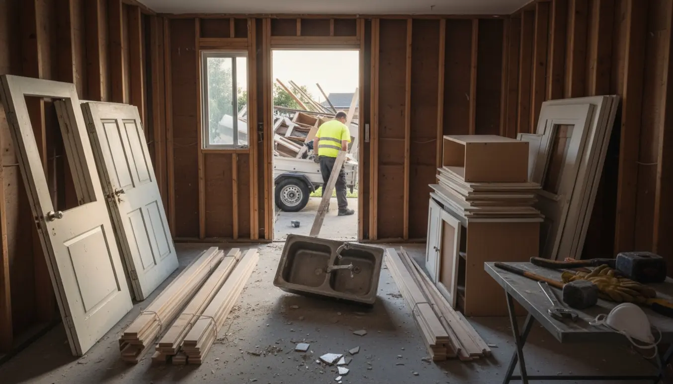 Delvist nedrevet køkken med fjernede dørkarme, nedtagne skabe og paneler stablet klar til at blive kørt væk.