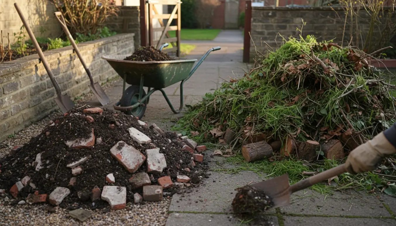 Bunke jord med murbrokker og en større bunke haveaffald ved en indkørsel, med trillebør og slidte skovle klar.