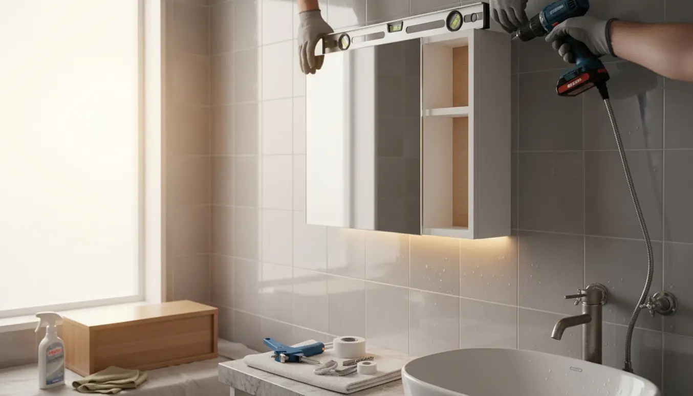 Nyt badeværelsesskab med spejl og LED-lys monteres, hænder og værktøj i fokus.