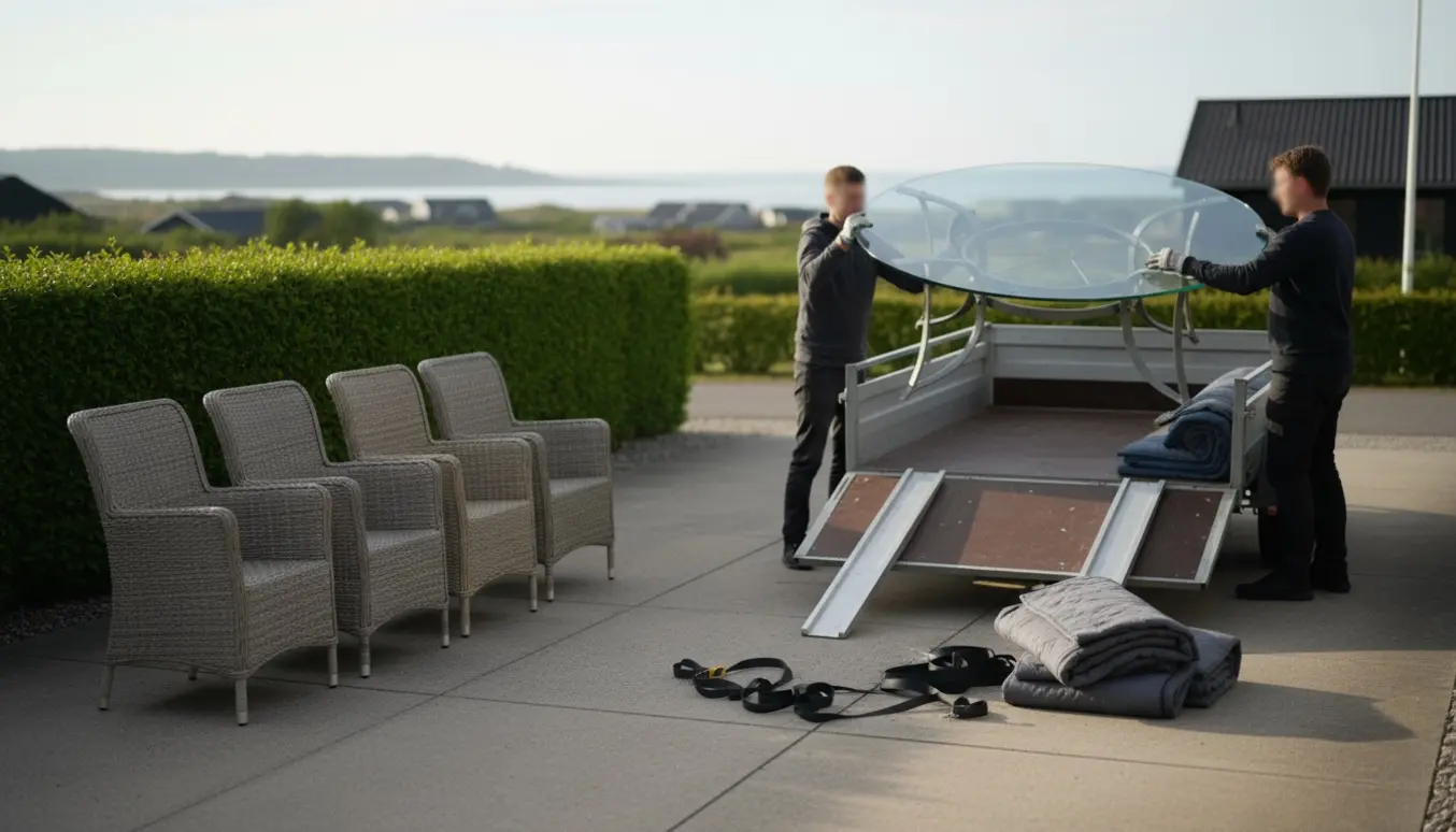 Et stort rundt havebord med glasplade læsses op på en trailer, mens seks store stole står klar i indkørslen.