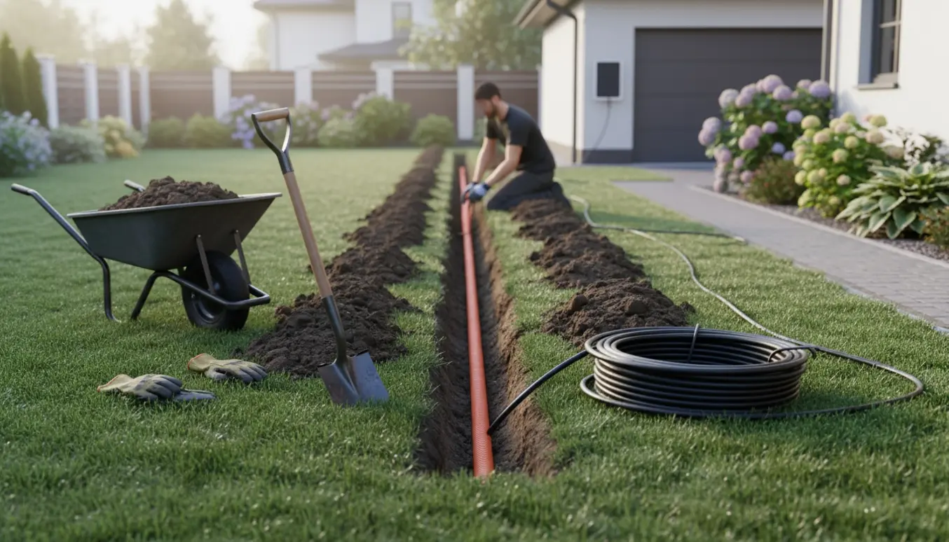 Rende i baghave med spade, kabel og jordbunker klar til nedlægning af ladeboksekabel.