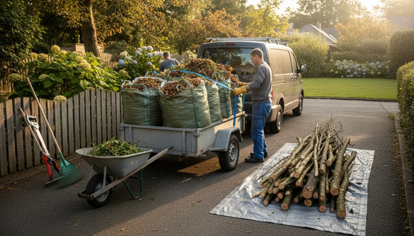 Traileren står læsset med fyldte bigbags og en stor bunke lange grene klar til bortskaffelse.