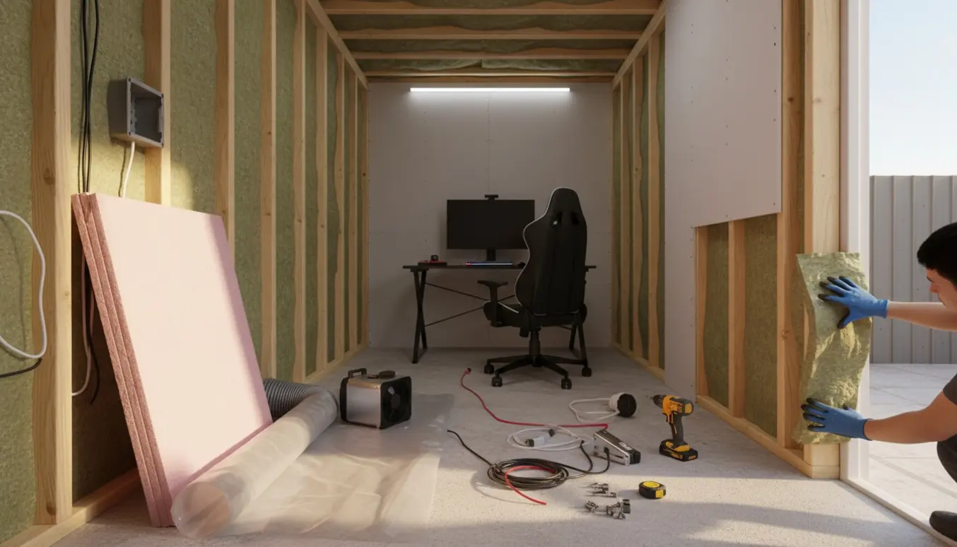 Skur under ombygning til gamerum med isolering i væggen, ventilationskanal og værktøj på gulvet.