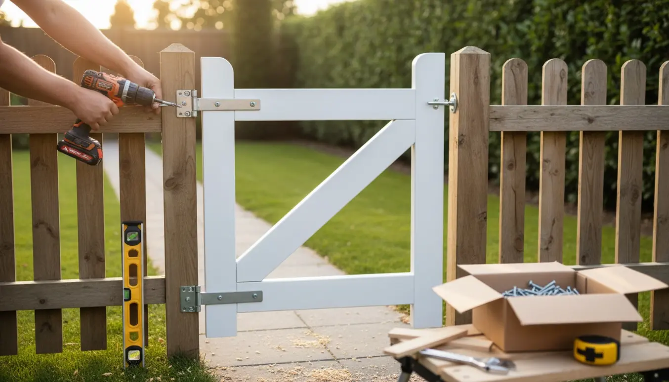 En hvid træhavelåge monteres mellem hegnspæle i en solrig have med værktøj liggende klar.
