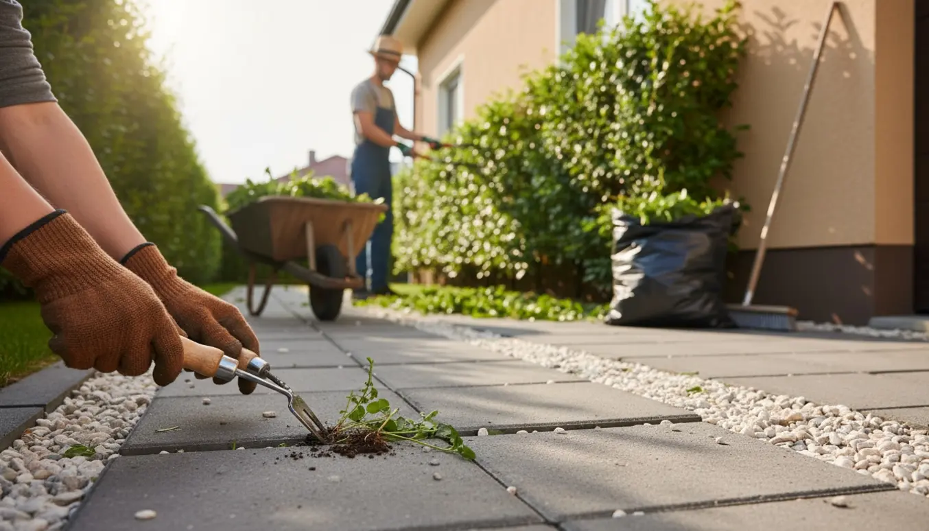 Hækkeklipning og ukrudtsrensning i grusindkørsel og mellem fliser med haveredskaber og opsamlet grøntaffald.