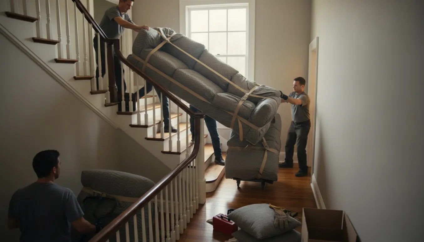 To personer bærer adskilte sofaelementer op ad en trappe til første sal, pakket i flyttetæpper.