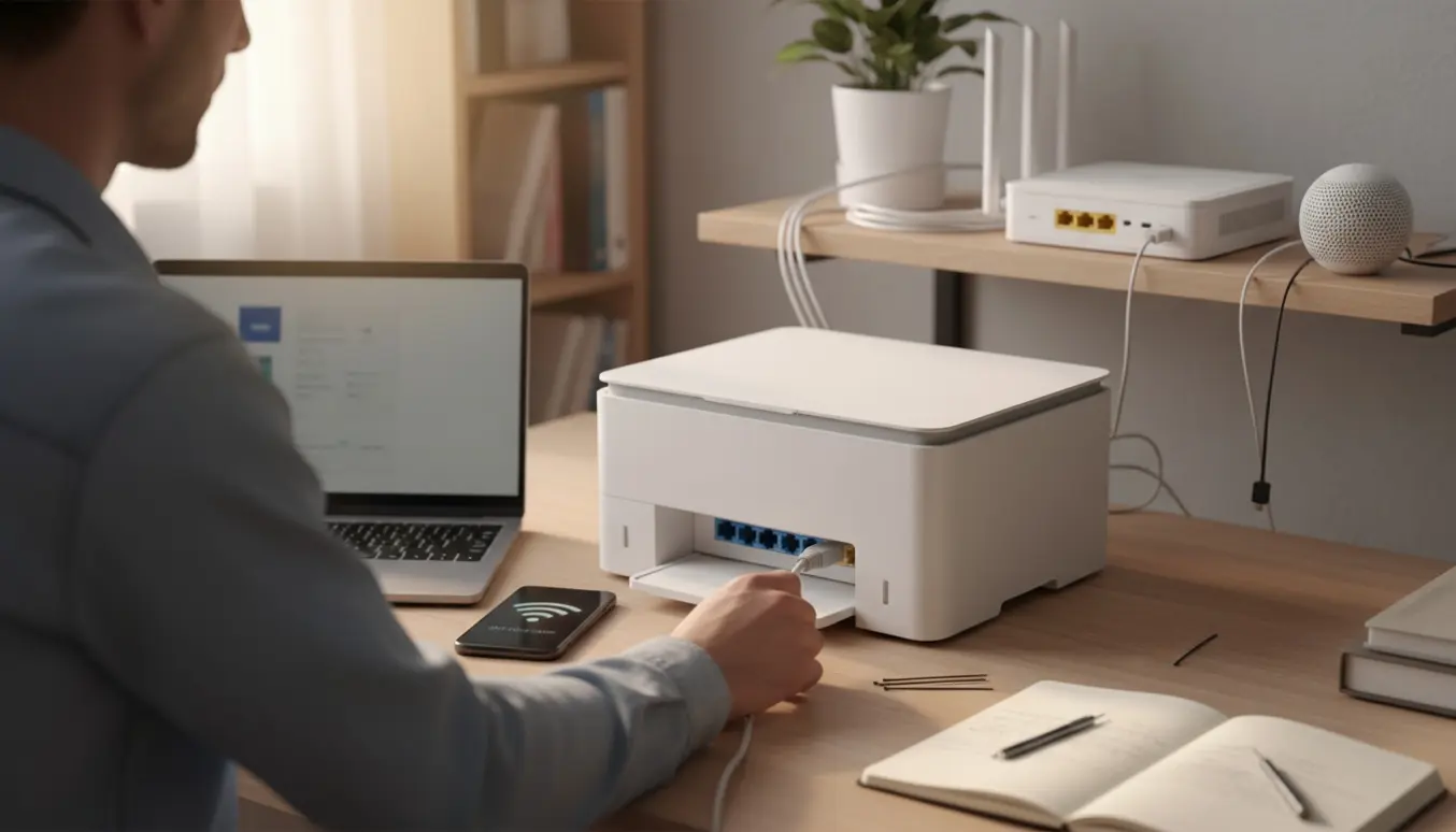 Tekniker tilslutter Ethernet-kabel mellem printer og router i et hjemmekontor for at løse netværksproblemer.