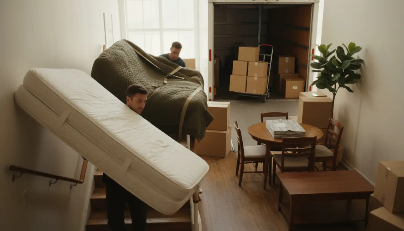 To flyttefolk bærer møbler og flyttekasser fra en åben flyttebil op ad trappen til 2. sal.