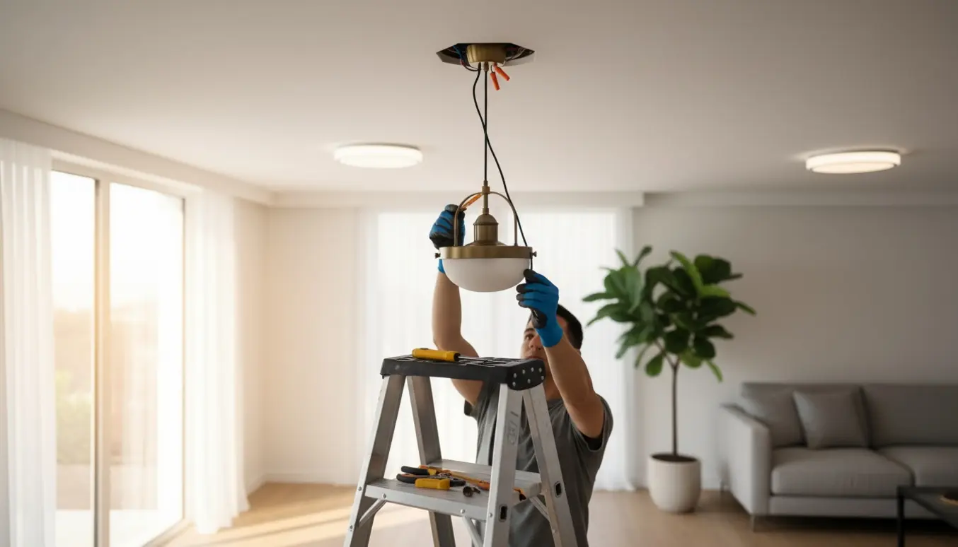 Hænder monterer en ny loftslampe ved siden af en eksisterende lampe på en stige i et lyst opholdsområde.