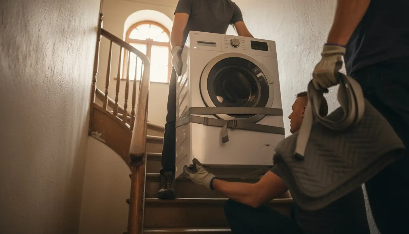 To personer bærer en hvid vaskemaskine op ad en smal trappe med løftestropper og beskyttelsesudstyr.