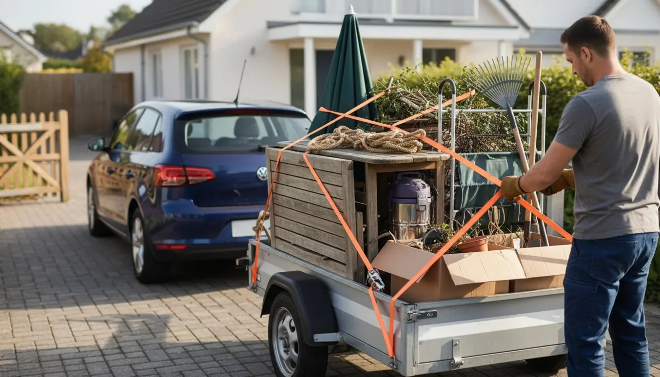 Trailer fyldt med storskrald fra haven i indkørslen, hvor en person spænder remme fast.