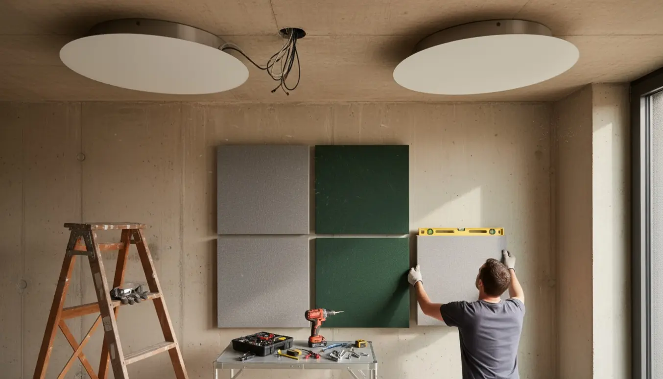 Installation af to loftslamper og fire 50x50 cm akustikpaneler på betonloft og betonvæg, med værktøj på en stige.