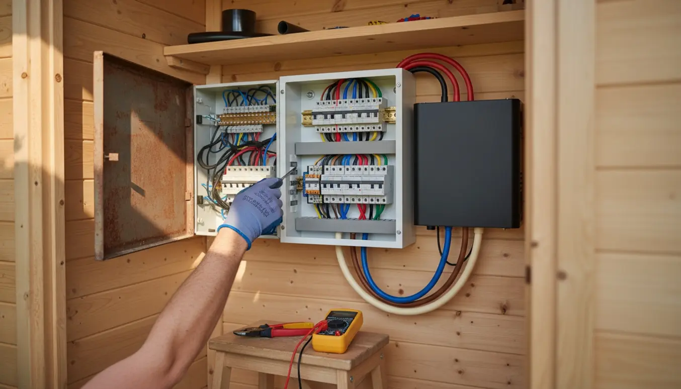 Gloved hænder installerer en ny eltavle ved siden af en gammel i et lyst sommerhusskab.