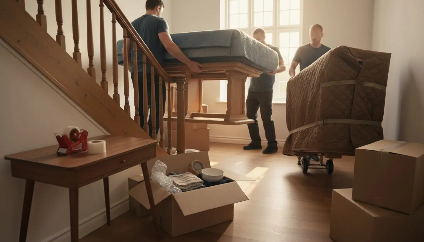 Flyttefolk bærer indpakkede møbler og kasser op ad en trappe til en førstesalslejlighed.