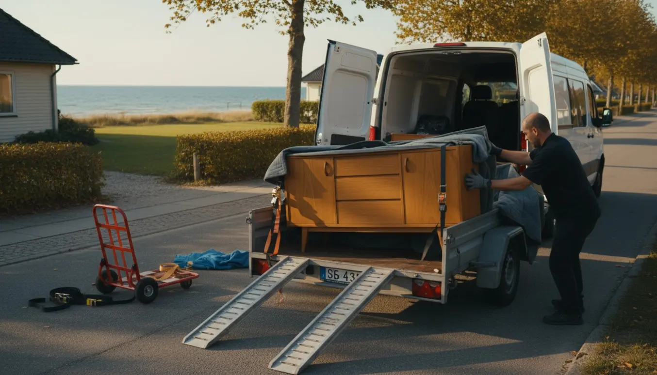 Varevogn og trailer lastes med en trækommode ved Amager Strandlodsvej i varmt aftenlys.