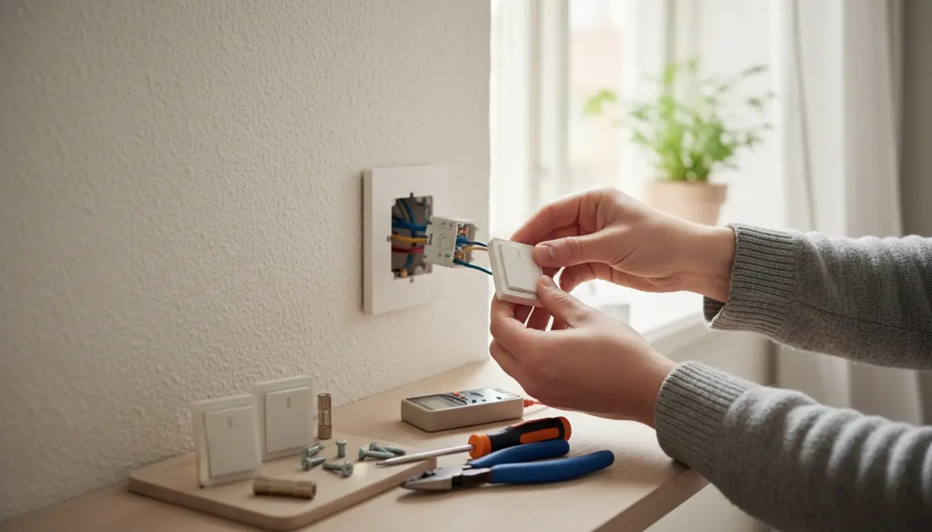 Nærbillede af hænder, der skifter en vægkontakt og finsikring med værktøj og reservedele i en lys lejlighed.