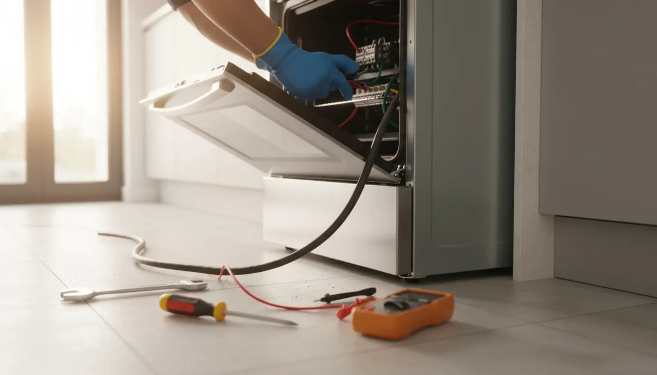 Tekniker tilslutter en fritstående ovn i et lyst køkken med værktøj og synlige ledninger.