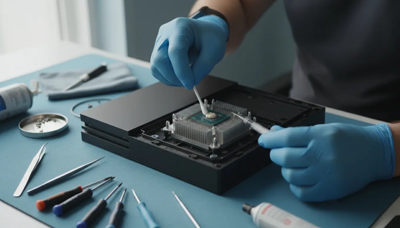 En tekniker påfører ny kølepasta på CPU'en i en åben, sort spilkonsol på et organiseret arbejdsbord.