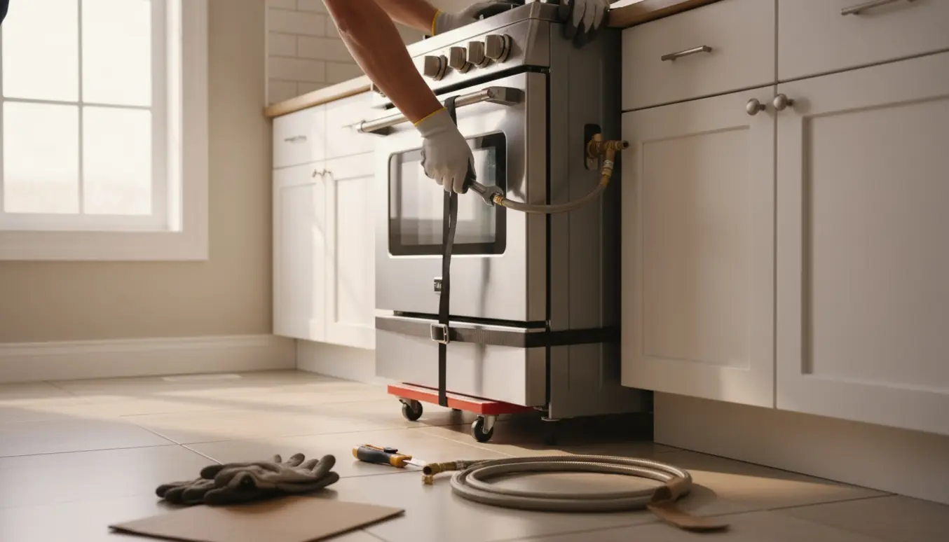 Tekniker trækker et fritstående gaskomfur ud af et køkken og afmonterer gasventilen med skruenøgle.