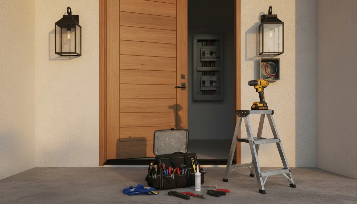To udendørslamper monteres ved hoveddøren med værktøj på stigen og en ny eltavle synlig inde i huset.
