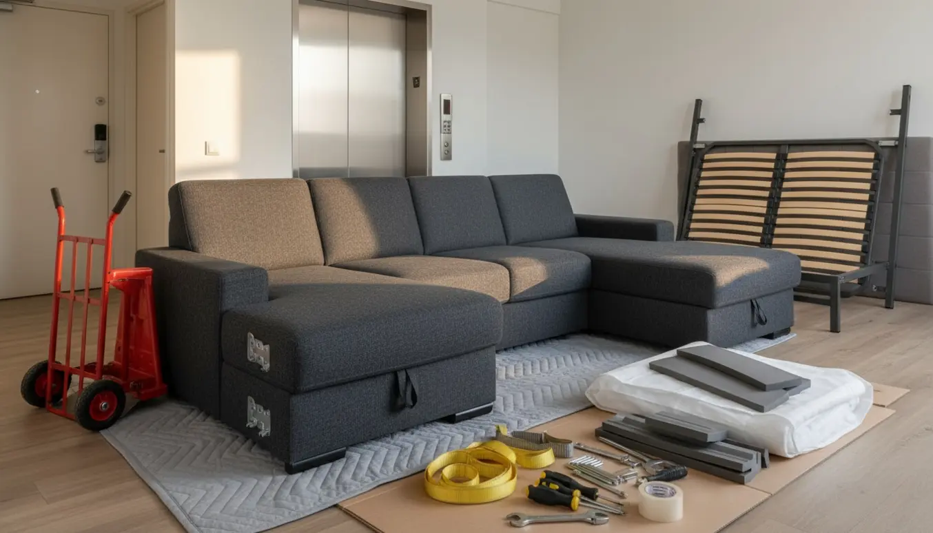 Delvist skilt seng og en sofa i to dele ved lejlighedsdør og elevator, klar til afhentning.