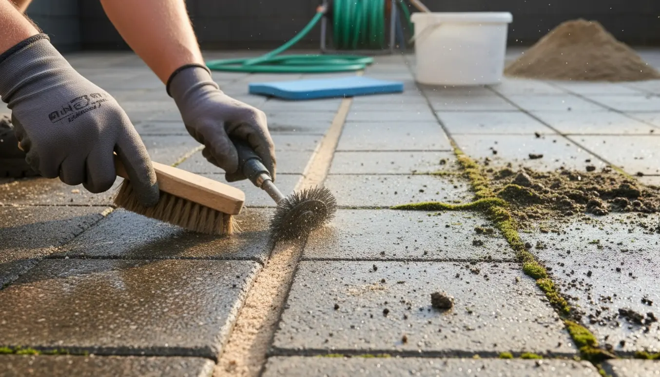 Nærbillede af hænder, der renser mos og snavs ud af fugerne mellem fliser på en bagterrasse.