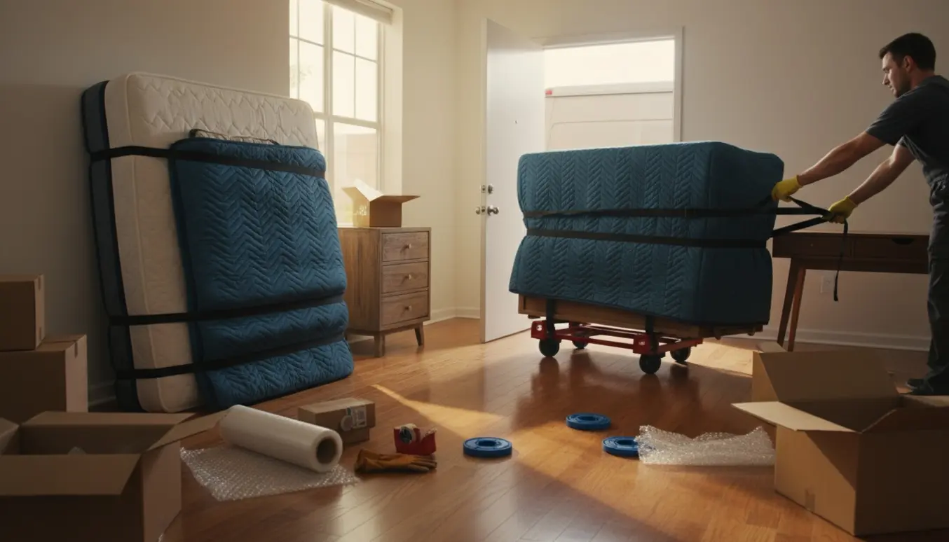 Møbler — en halvanden mands seng, to små kommoder, et TV-bord og et lille skrivebord — pakket og klar til at blive læsset i en flyttebil.