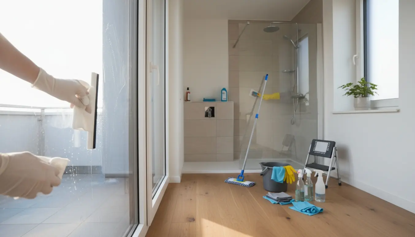 Nærbillede af rengøring i en tom, moderne lejlighed: handsker polerer vindue, mens brusekabinen afkalkes.