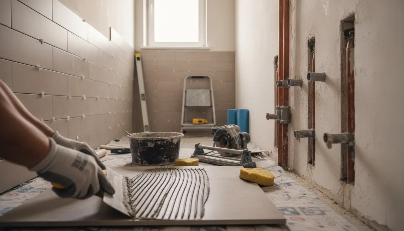 Lille 1x2 m badeværelse under renovering med fliser, værktøj og fem indfræsede rør.
