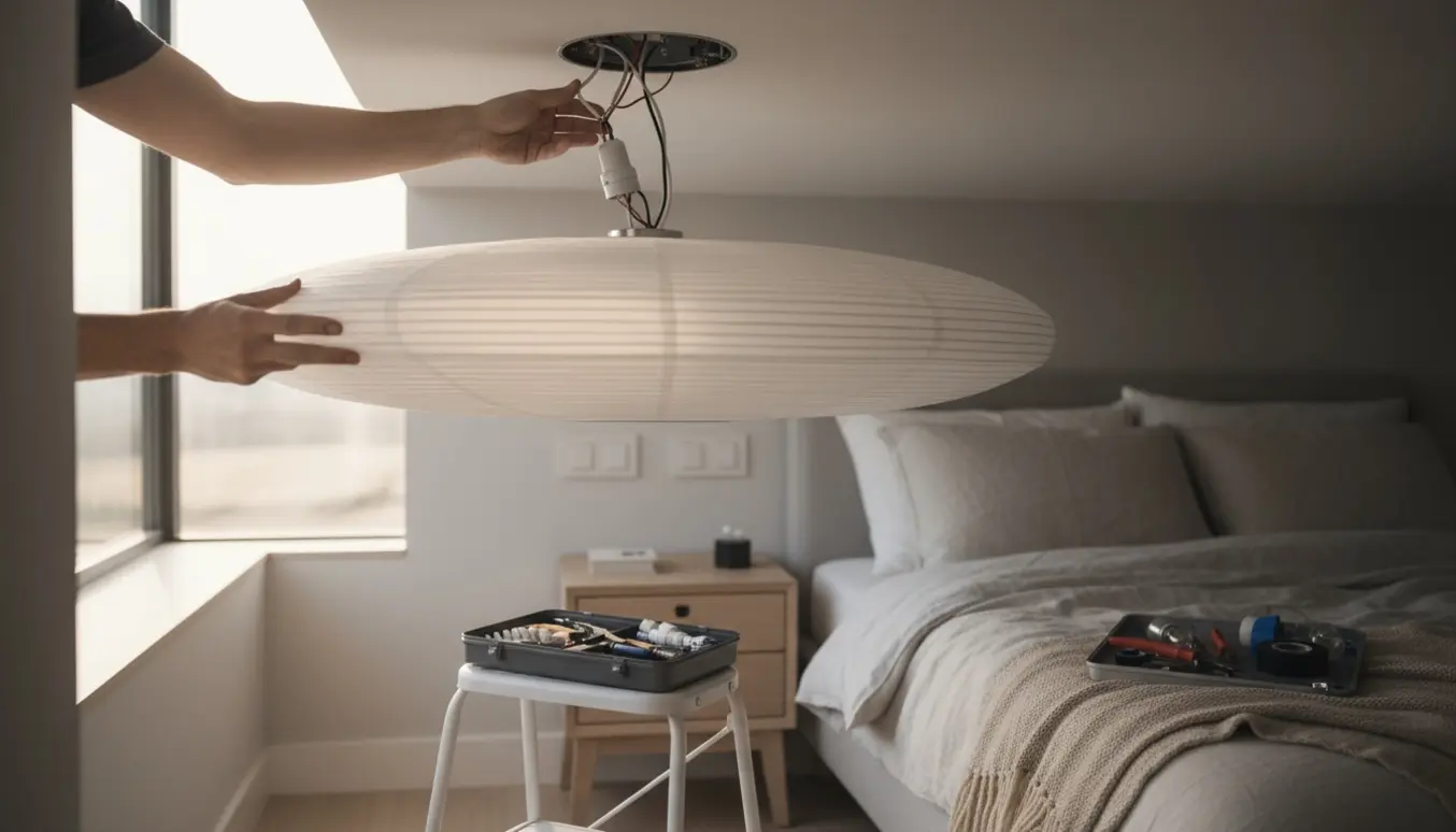 Hænder monterer en let IKEA rispapirslampe i et soveværelse med værktøj og eksisterende ledninger synlige.