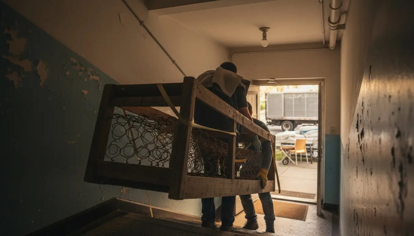 To personer bærer en afklædt sofatremme ned ad en smal trappe på vej til storskrald.