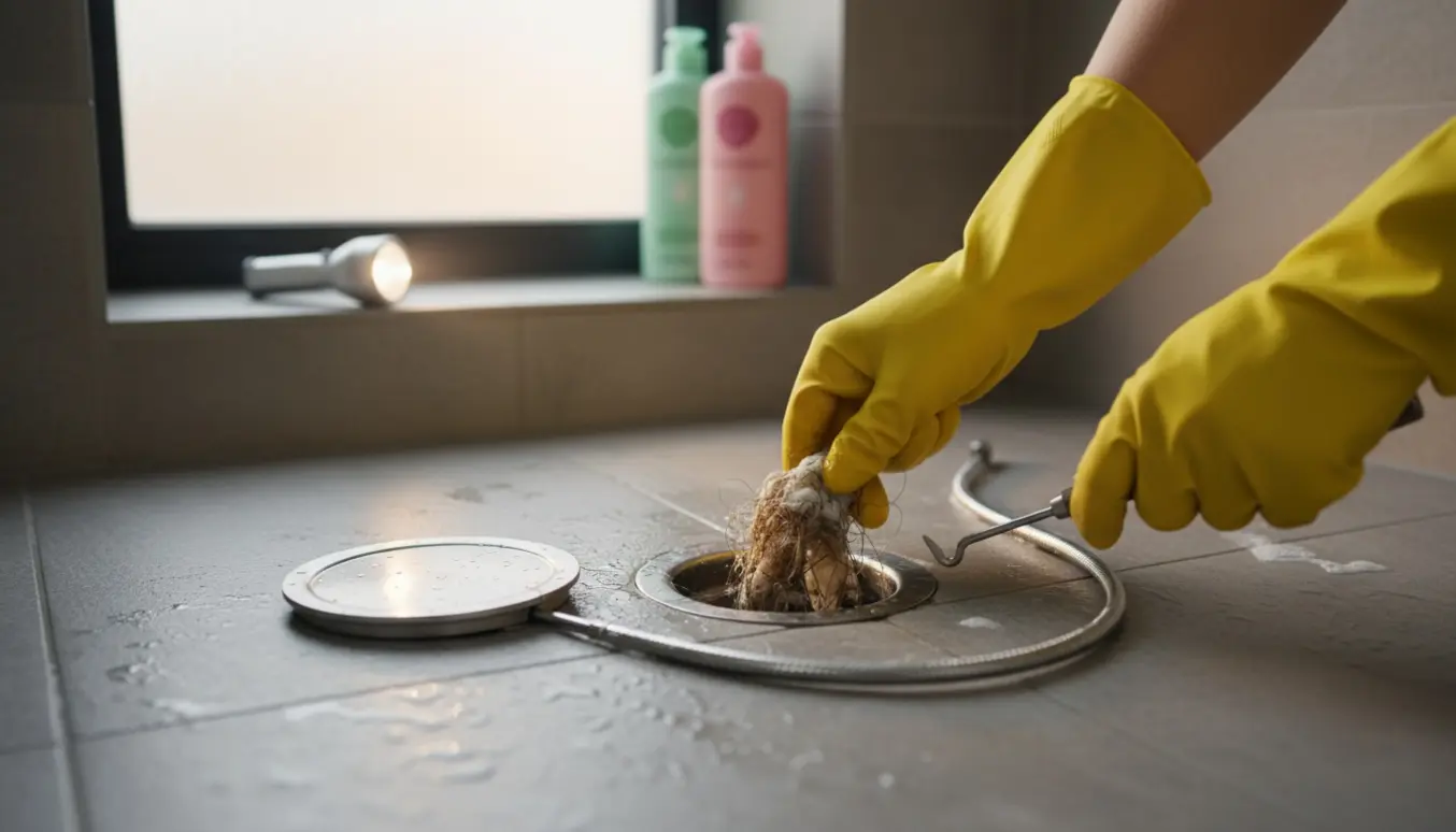 Nærbillede af hænder i gummihandsker, der trækker hår og sæberester op fra et åbent bruseafløb i et flisebelagt brusehjørne.