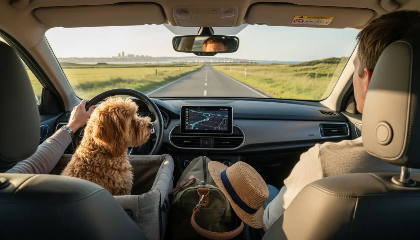 Bilinteriør i morgenlys med en lille hund på passagersædet og en lille taske, på vej fra by mod kysten.