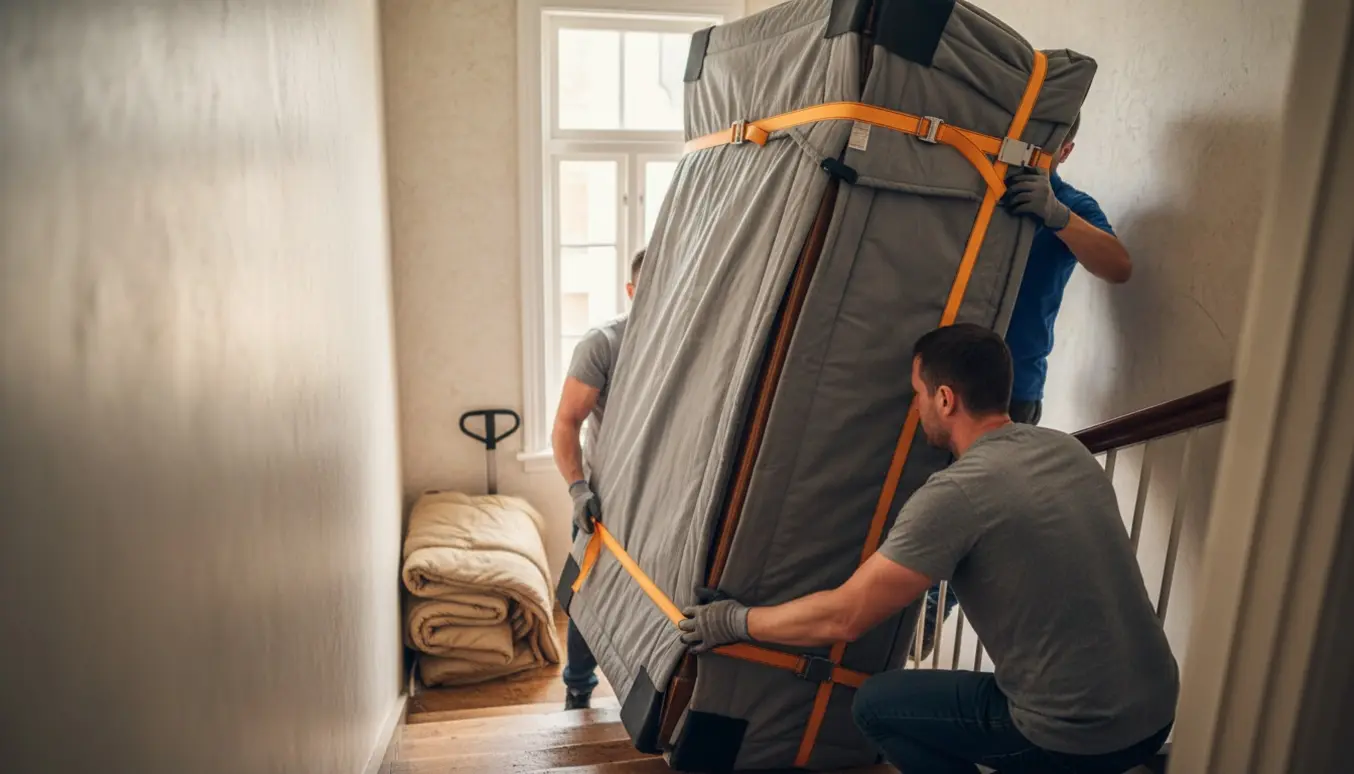 Et tungt karlekammerskab bæres ned ad en smal trappe af to flyttemænd med tæpper og stropper.