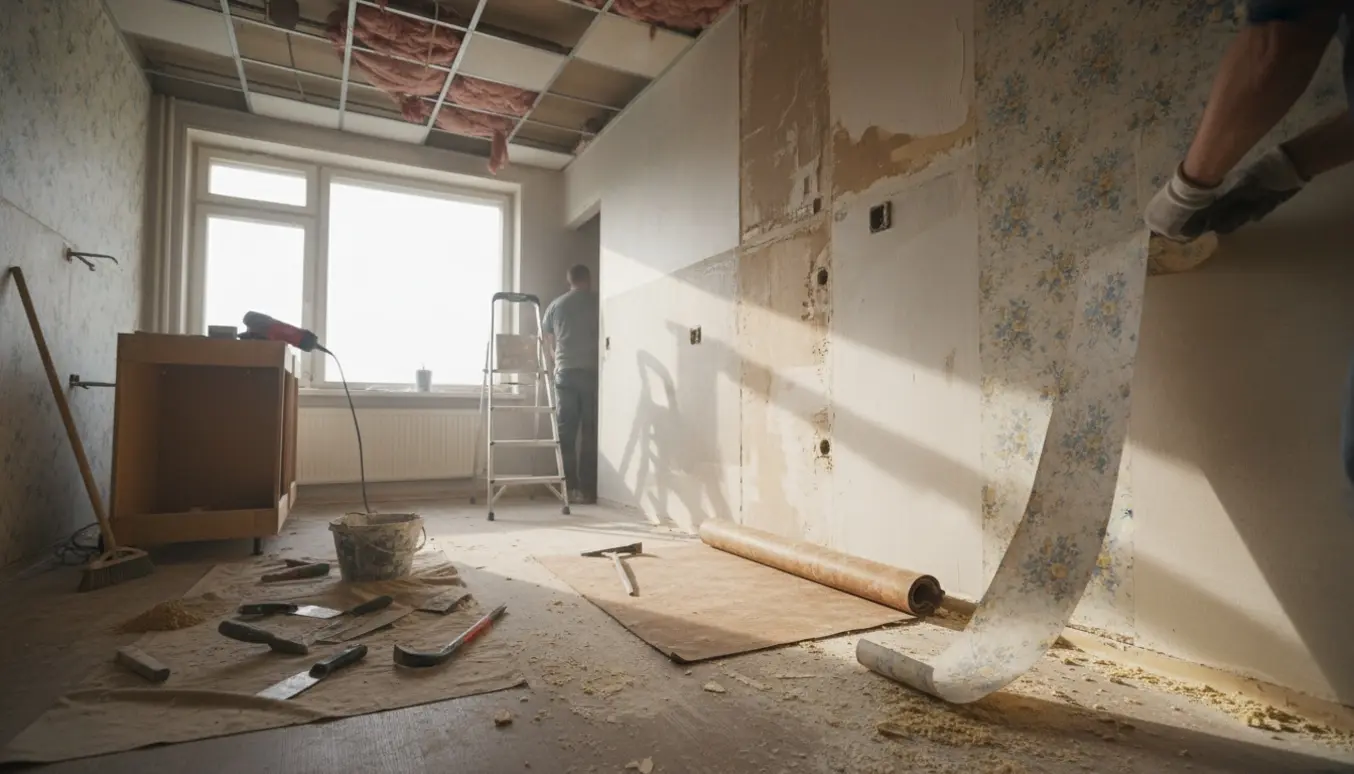 Køkken under renovering med afrevet tapet, sammenrullet linoleum og fjernede nedhængte loftsplader.
