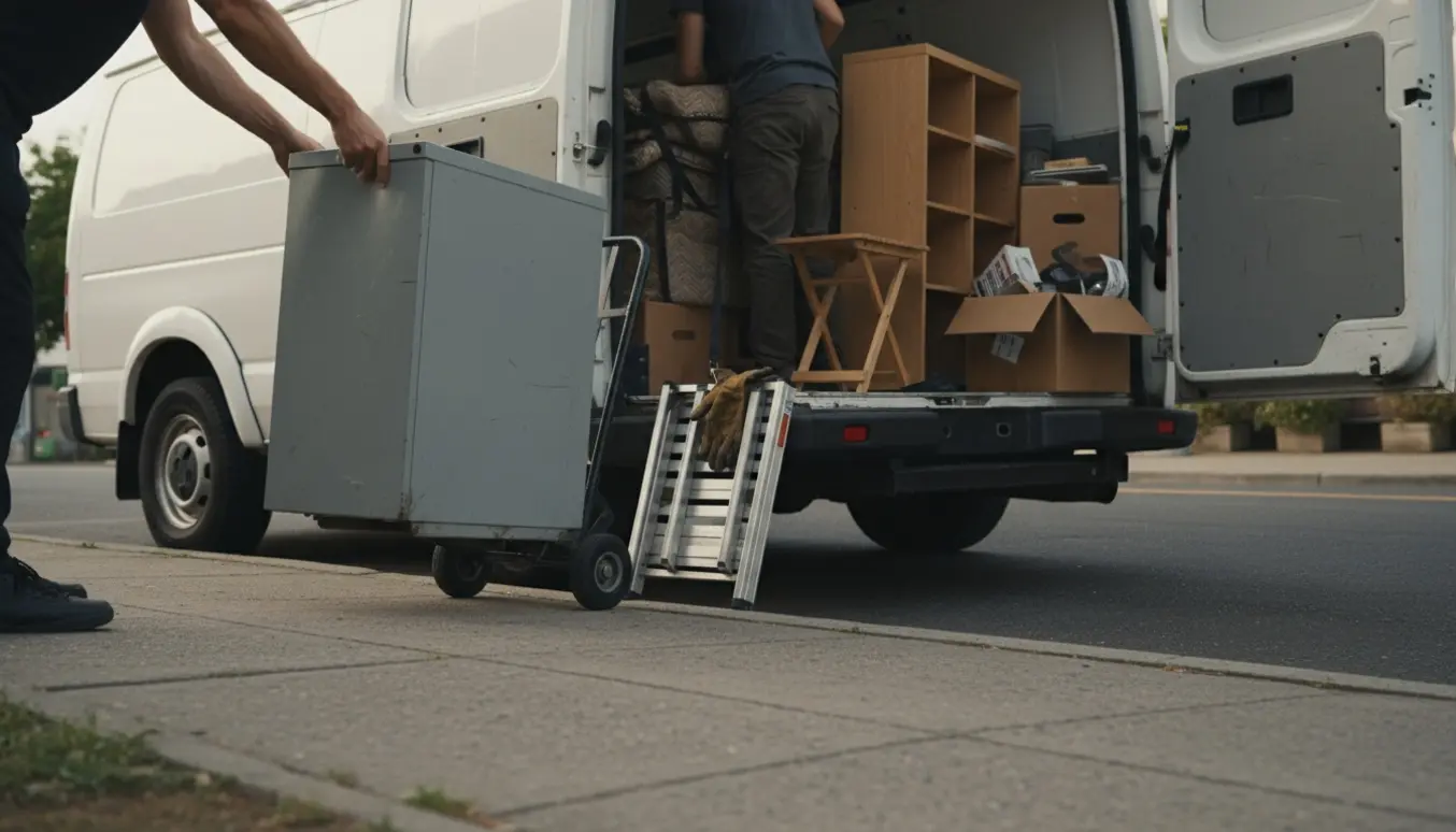 Varevogn læsses med et arkivskab, en reol og et bord uden for en åben port.