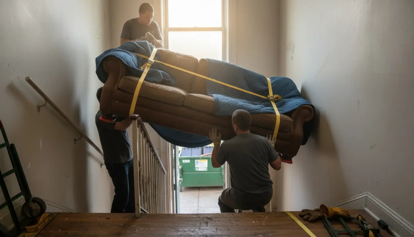 Flyttefolk bærer en stor indpakket sofa ned ad en smal trappe mod en åben container.