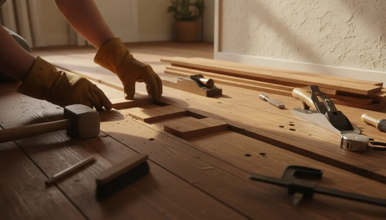 Nærbillede af hænder, der sætter genbrugte fyrretræsstykker ind i brede sprækker i et gammelt trægulv.