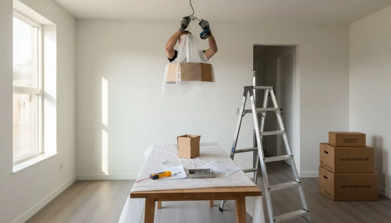 En person på en trappestige monterer en pakket LED-loftslampe over et spisebord i et nybygget hus.