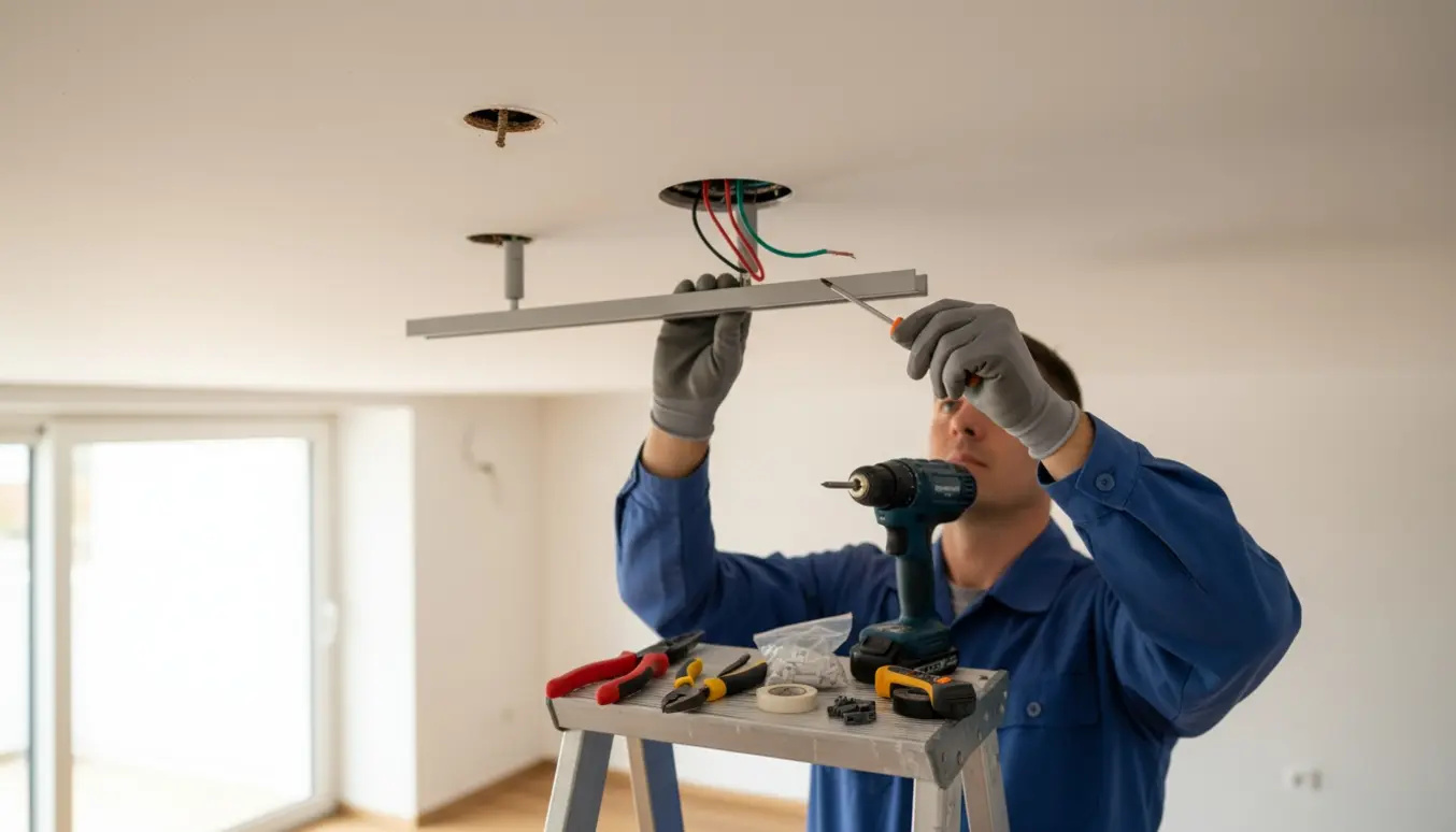 Montage af to nye spotskinner i loftet med elektrikerens hænder og værktøj i fokus.
