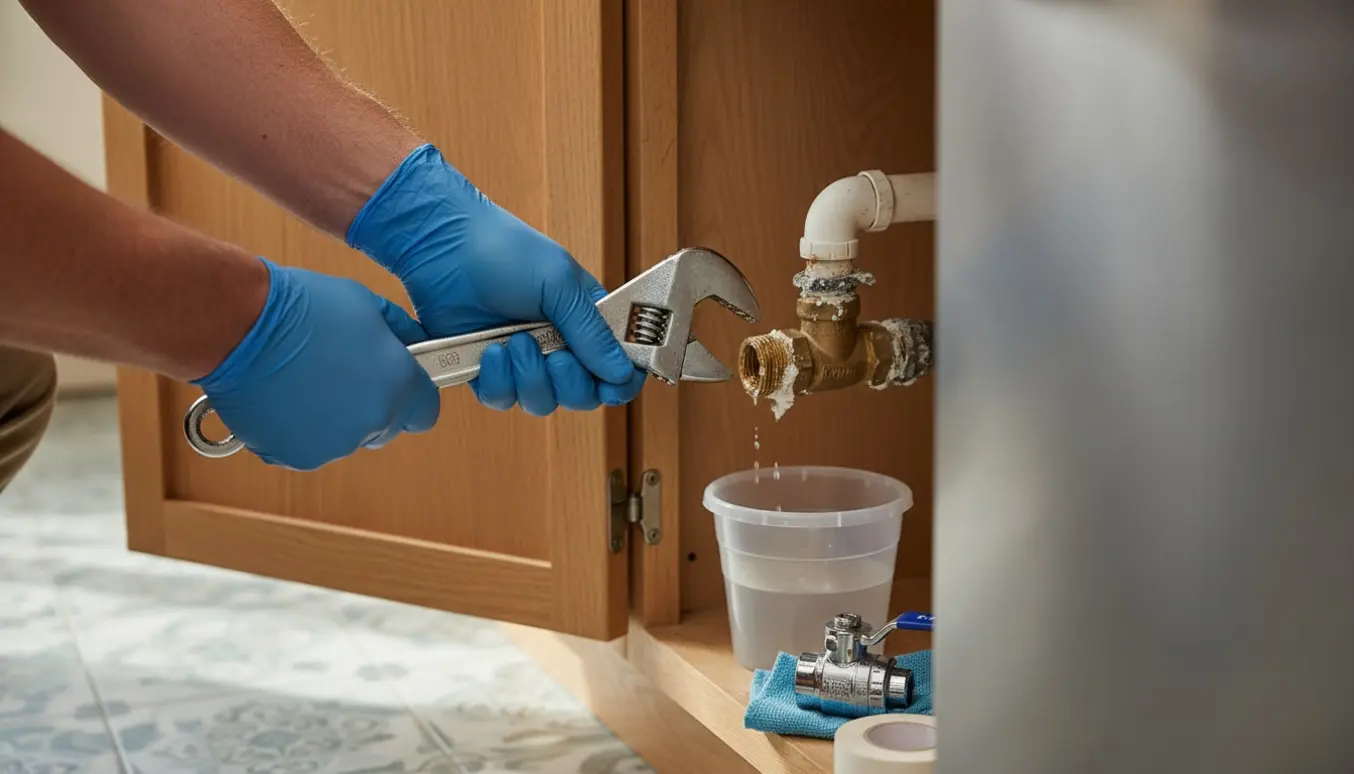 En tekniker udskifter en kalket aftapventil i køkkenskabet ved siden af opvaskemaskinen.