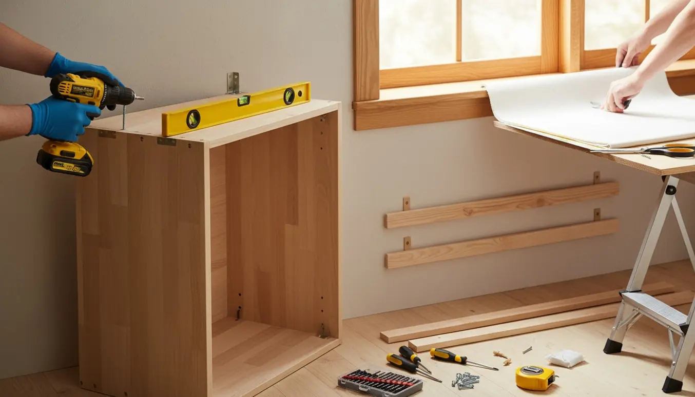 Halvfærdigt hjørneskab fastgøres til væg med boremaskine ved siden af rullegardiner og monteringslister.